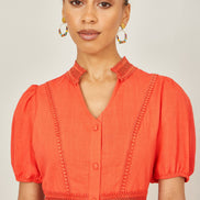Yumi Orange Cotton Lace Trim Skater Shirt Dress