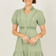 Yumi Green Cotton Lace Trim Skater Shirt Dress