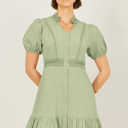 Yumi Green Cotton Lace Trim Skater Shirt Dress