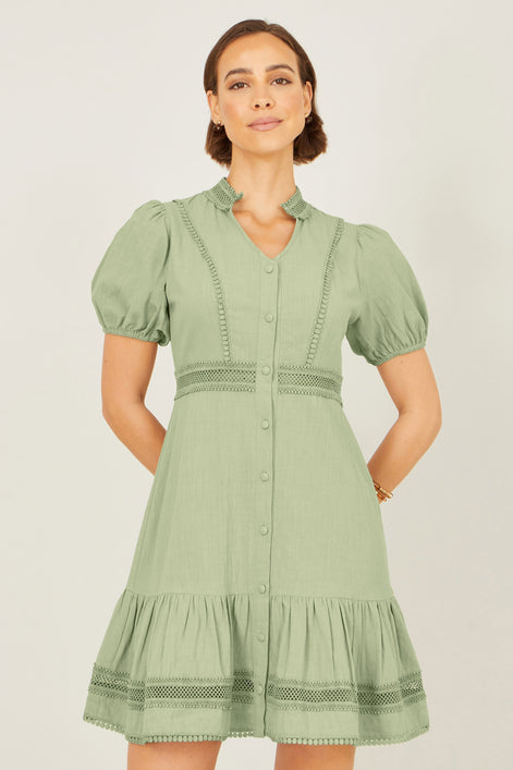 Yumi Green Cotton Lace Trim Skater Shirt Dress