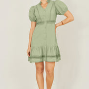 Yumi Green Cotton Lace Trim Skater Shirt Dress