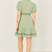 Yumi Green Cotton Lace Trim Skater Shirt Dress