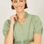 Yumi Green Cotton Lace Trim Skater Shirt Dress