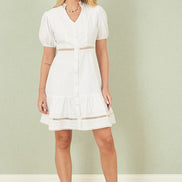 Yumi White Cotton Lace Trim Skater Shirt Dress