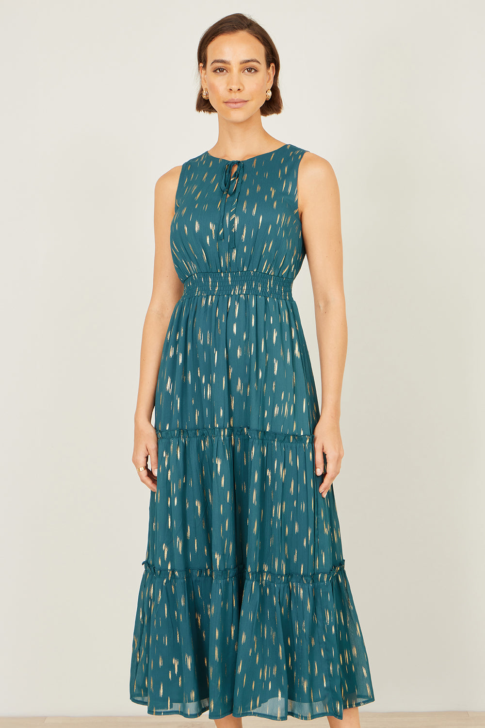 Yumi Teal Foil Print Ruched Waist Midi Dress with Tie Notch Neckline