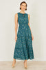 Yumi Teal Foil Print Ruched Waist Midi Dress With Tie Notch Neckline