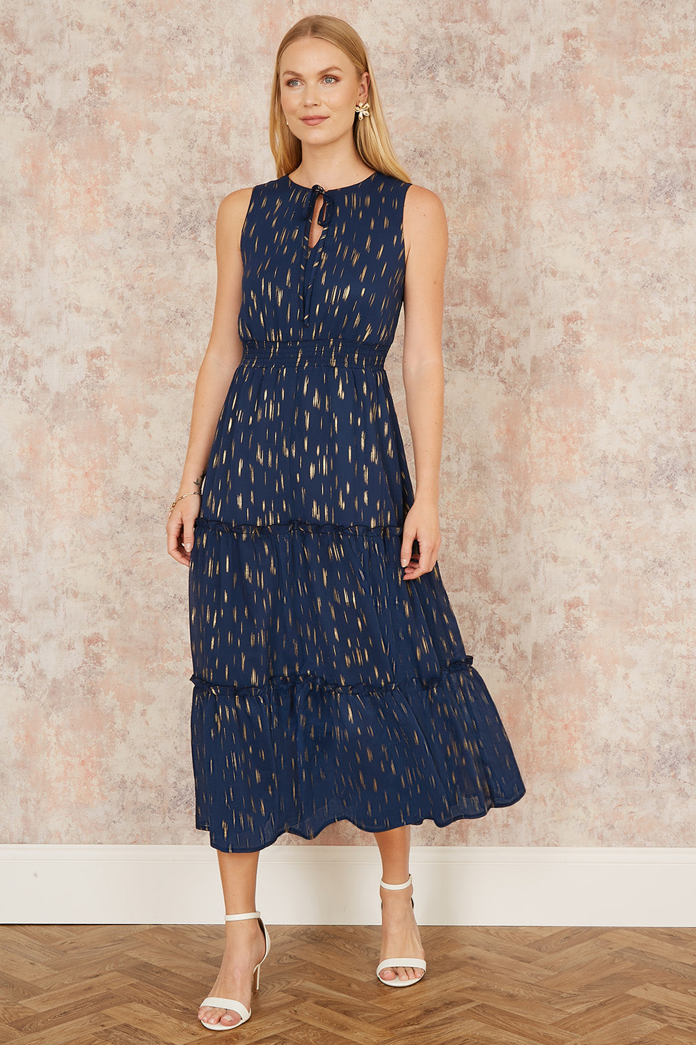 Yumi Navy Foil Print Ruched Waist Midi Dress with Tie Notch Neckline
