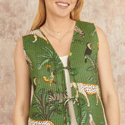 Yumi Green Animal Reversible Cotton Quilted Waistcoat