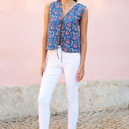 Yumi Blue Flower Reversible Cotton Quilted Waistcoat