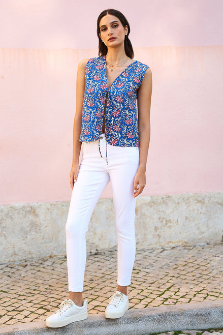 Yumi Blue Flower Reversible Cotton Quilted Waistcoat