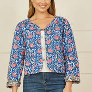 Yumi Blue Floral Reversible Cotton Quilted Jacket
