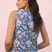 Yumi Blue Leaf Reversible Cotton Quilted Waistcoat