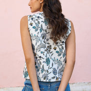 Yumi Blue Leaf Reversible Cotton Quilted Waistcoat