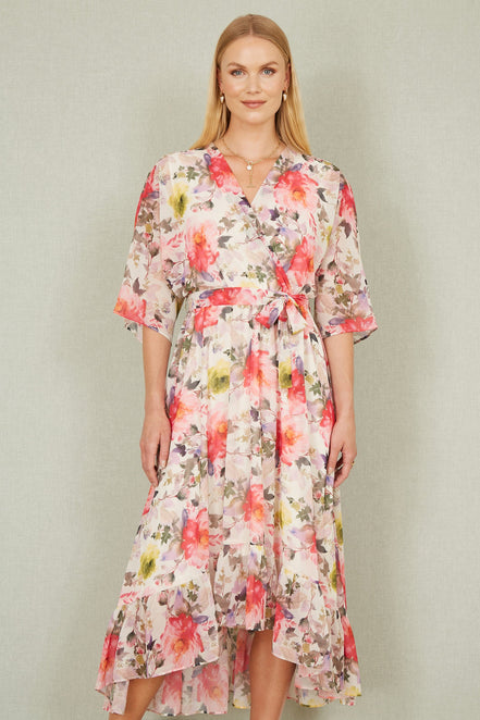 Yumi Ivory Vintage Floral Wrap Midi Dress with Frill