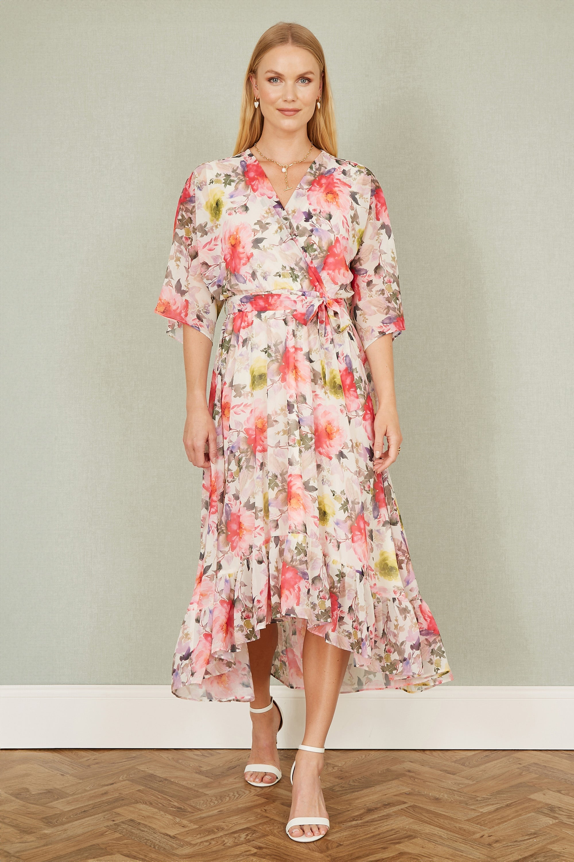 Yumi Ivory Vintage Floral Wrap Midi Dress with Frill