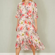 Yumi Ivory Vintage Floral Wrap Midi Dress with Frill