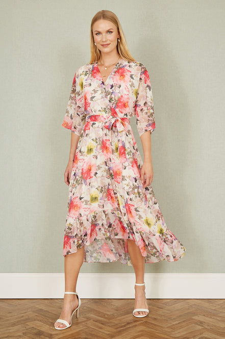 Yumi Ivory Vintage Floral Wrap Midi Dress with Frill