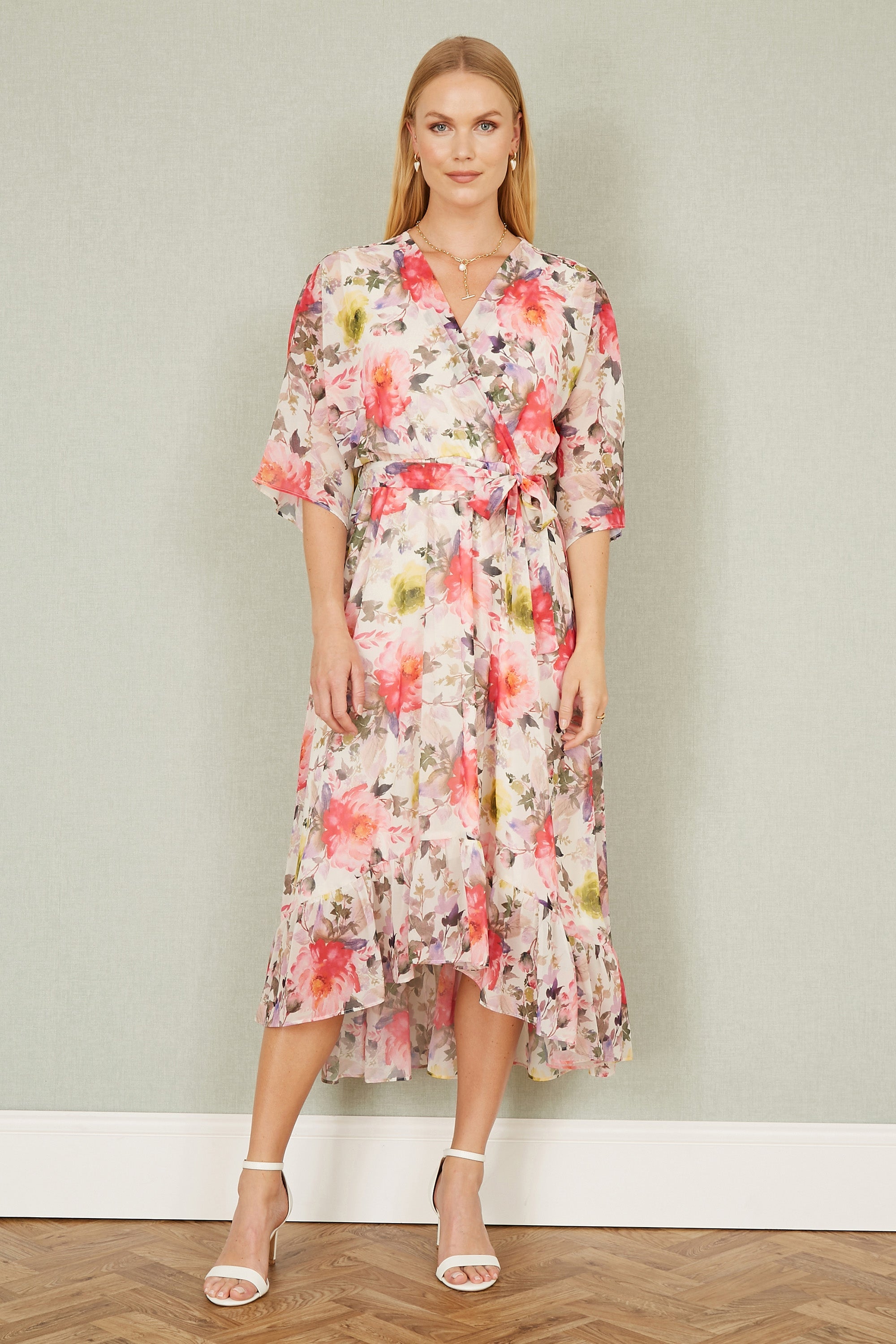 Yumi Ivory Vintage Floral Wrap Midi Dress with Frill