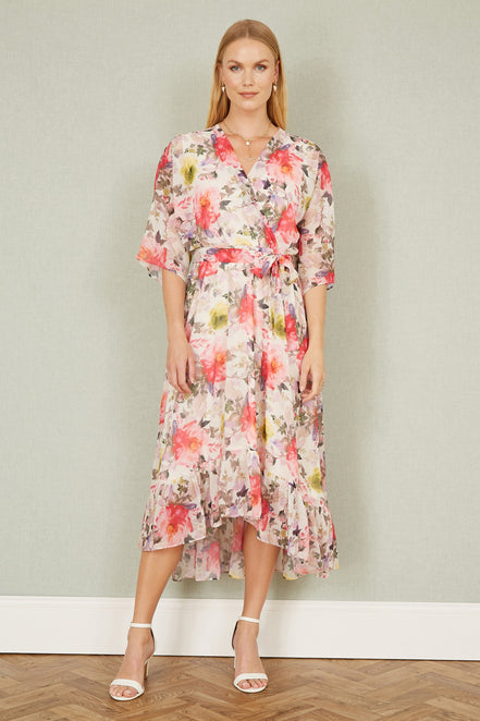 Yumi Ivory Vintage Floral Wrap Midi Dress with Frill