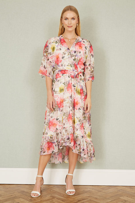 Yumi Ivory Vintage Floral Wrap Midi Dress With Frill