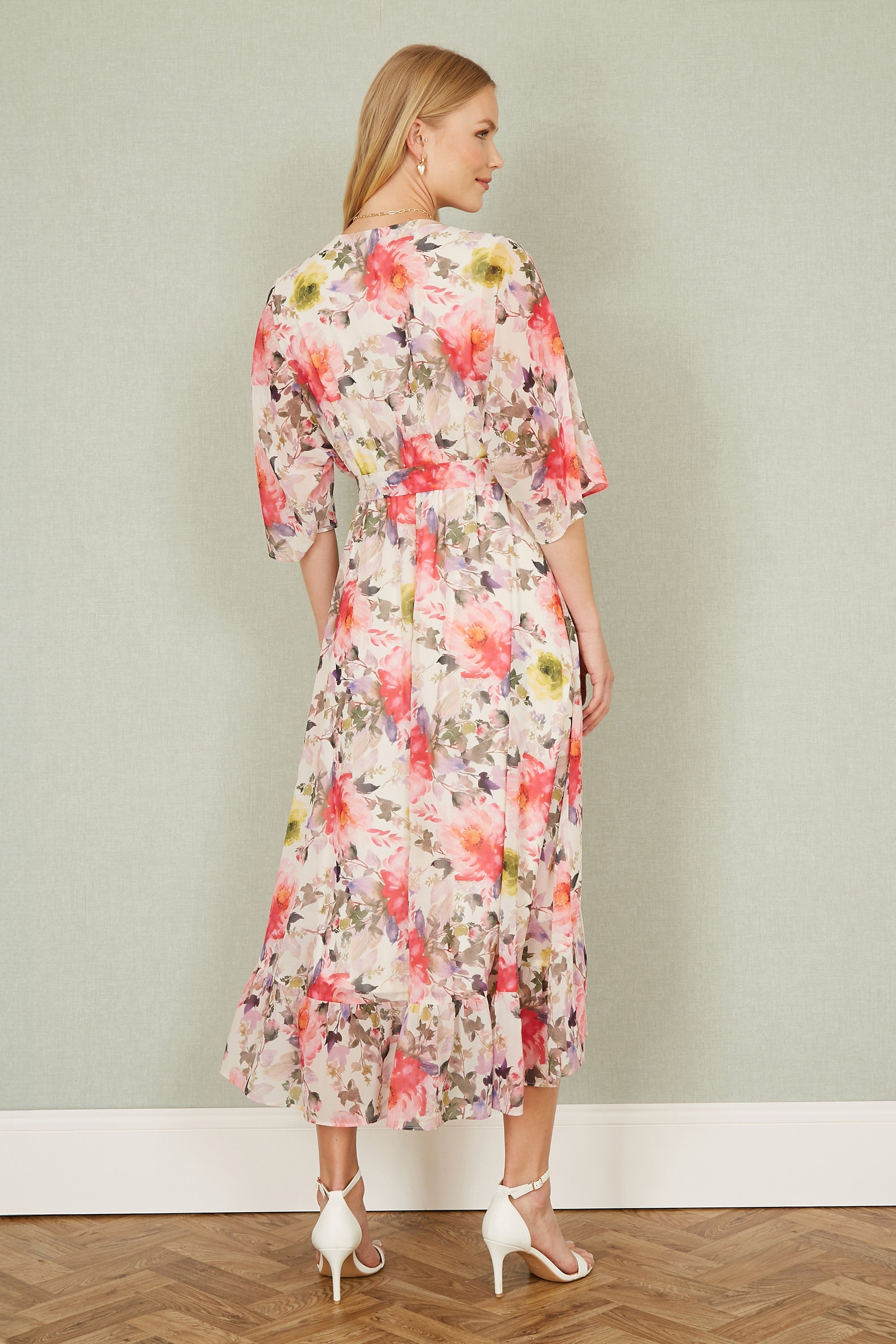 Yumi Ivory Vintage Floral Wrap Midi Dress with Frill