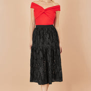 Yumi Red Jersey Cotton Bardot Top with Knot Detail