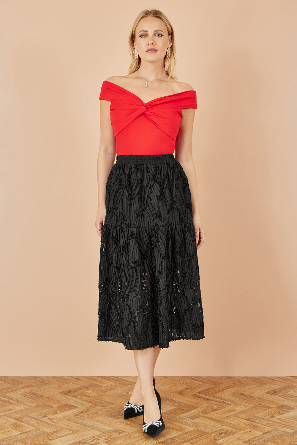 Yumi Red Jersey Cotton Bardot Top with Knot Detail