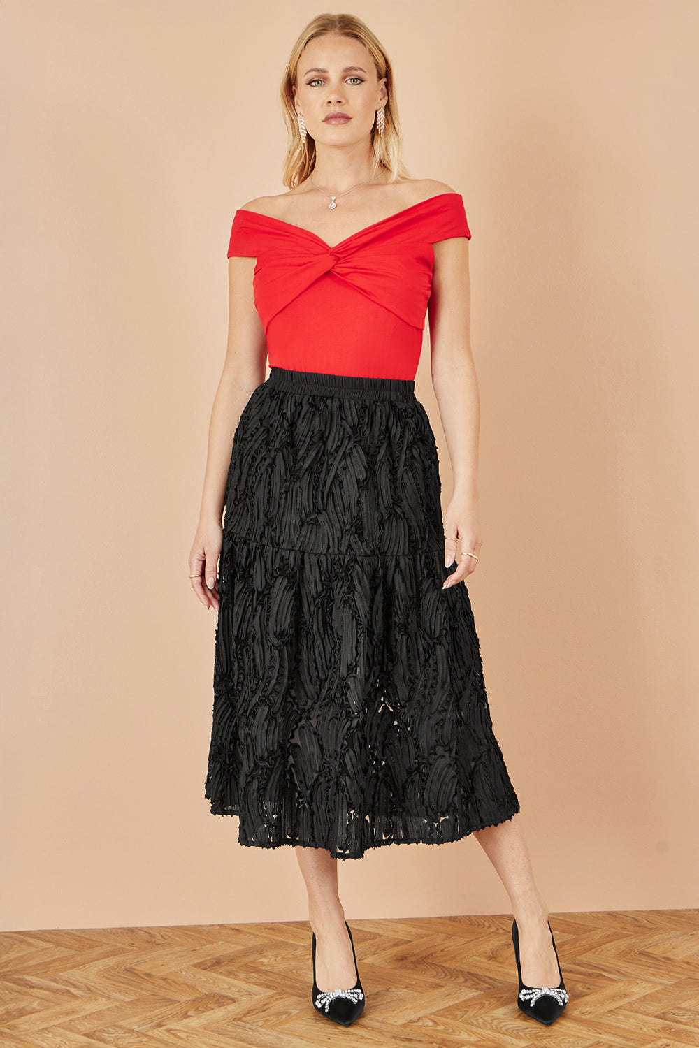 Yumi Red Jersey Cotton Bardot Top with Knot Detail