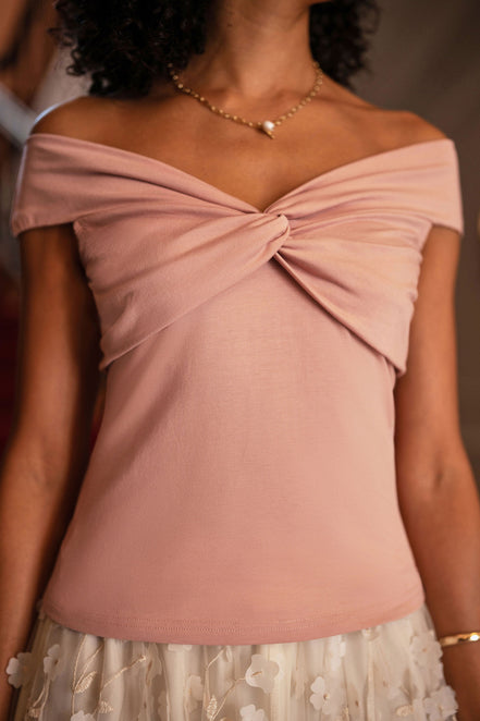 Yumi Blush Jersey Cotton Bardot Top with Knot Detail