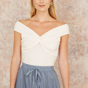 Yumi White Jersey Cotton Bardot Top with Knot Detail