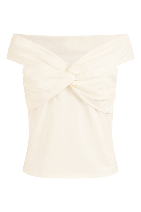 Yumi White Jersey Cotton Bardot Top With Knot Detail