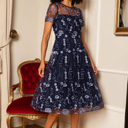 Yumi Navy Embroidered Mesh Midi Dress