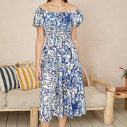 Yumi Blue Ruched Waist Bardot Blossom Tree Print Midi Dress