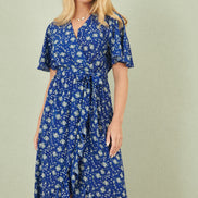Yumi Blue Floral Wrap Dress with Frill Hem
