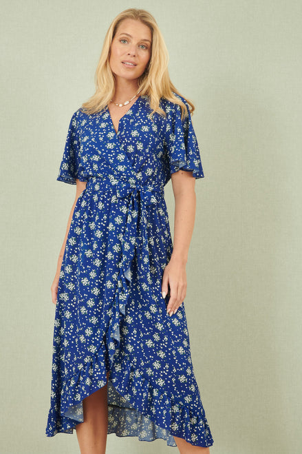 Yumi Blue Floral Wrap Dress with Frill Hem