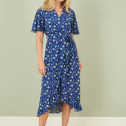 Yumi Blue Floral Wrap Dress with Frill Hem