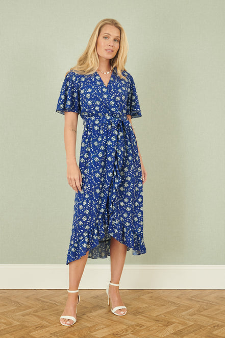 Yumi Blue Floral Wrap Dress with Frill Hem