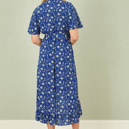 Yumi Blue Floral Wrap Dress with Frill Hem