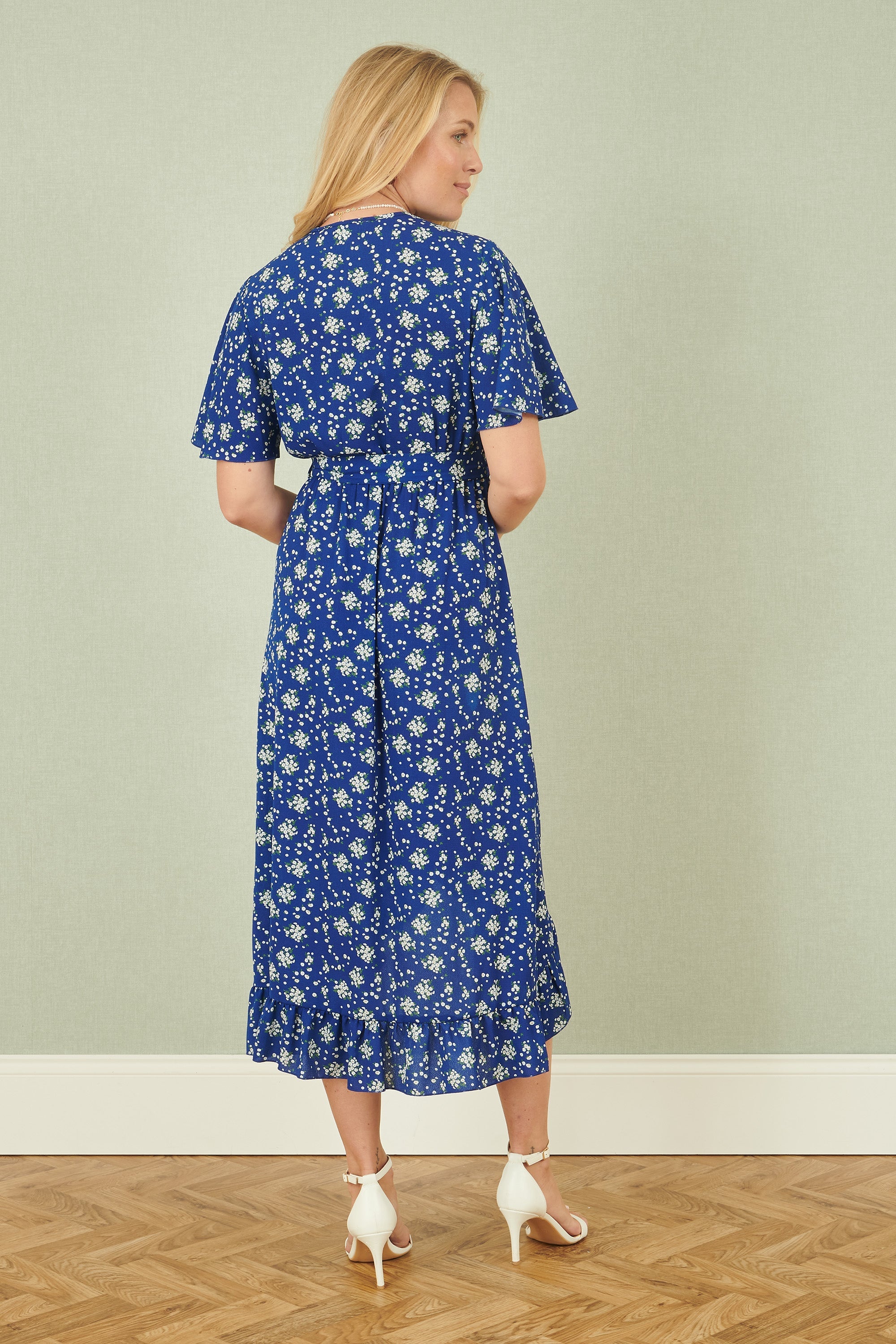 Yumi Blue Floral Wrap Dress with Frill Hem