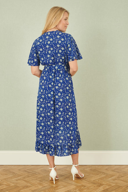 Yumi Blue Floral Wrap Dress with Frill Hem