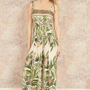 Yumi Green Palm Print Strappy Viscose Jumpsuit