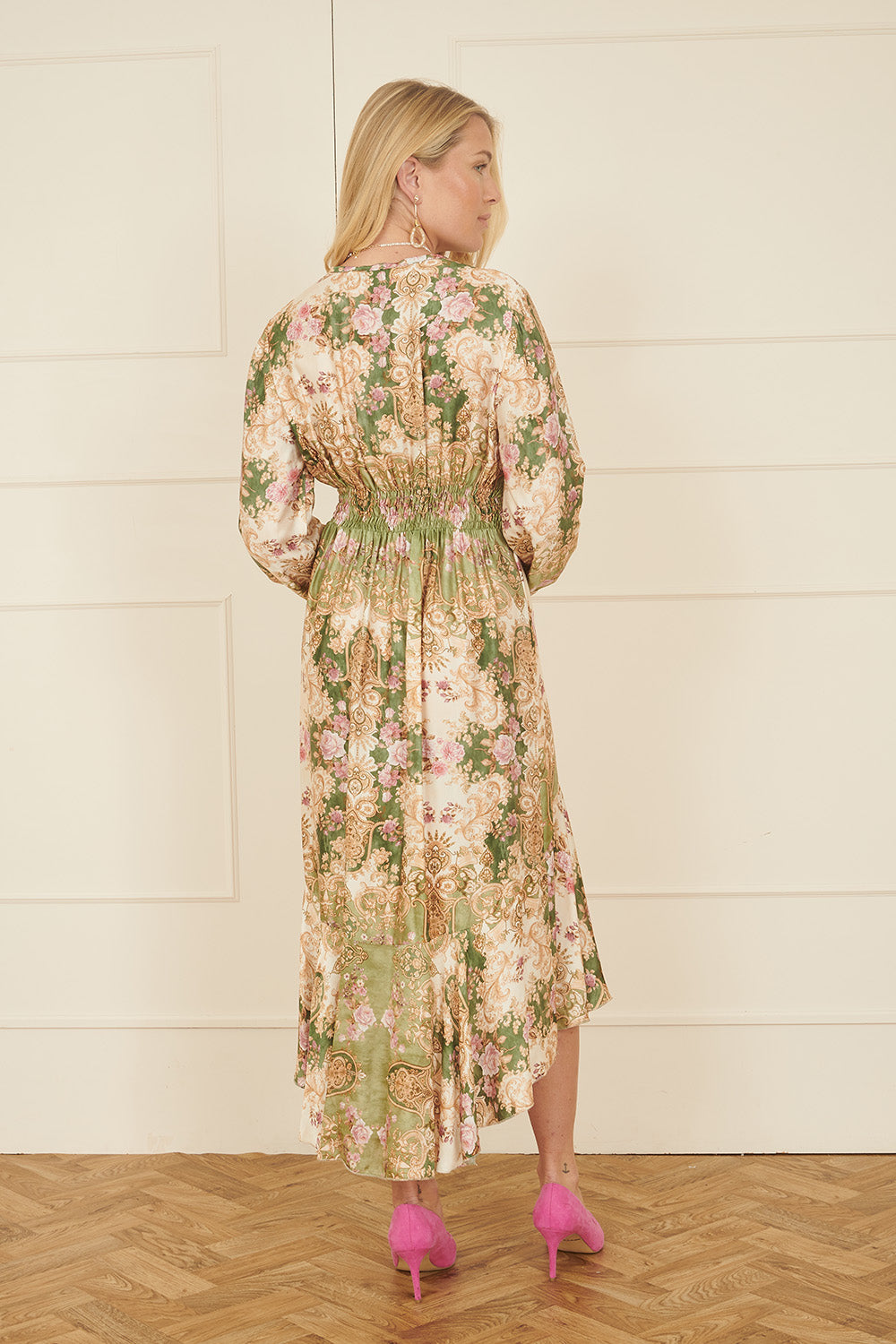 Yumi Green Viscose Scarf Print Tie Front Midi Dress with Dip Hem