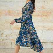 Yumi Blue Butterly Floral Tie Knot Front Long Sleeve Midi Dress