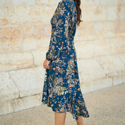 Yumi Blue Butterly Floral Tie Knot Front Long Sleeve Midi Dress