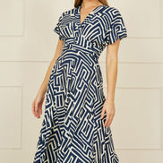 Yumi Navy Geometric Print Ruched Waist Midi Dress with Kimono Sleeves