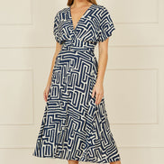 Yumi Navy Geometric Print Ruched Waist Midi Dress with Kimono Sleeves