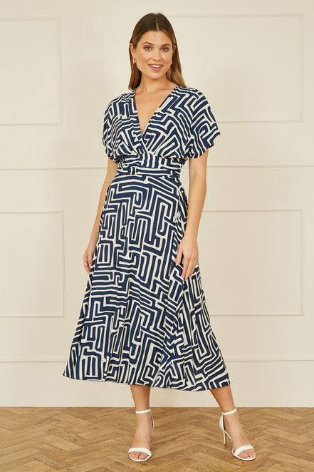 Yumi Navy Geometric Print Ruched Waist Midi Dress with Kimono Sleeves