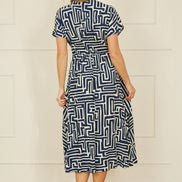 Yumi Navy Geometric Print Ruched Waist Midi Dress with Kimono Sleeves