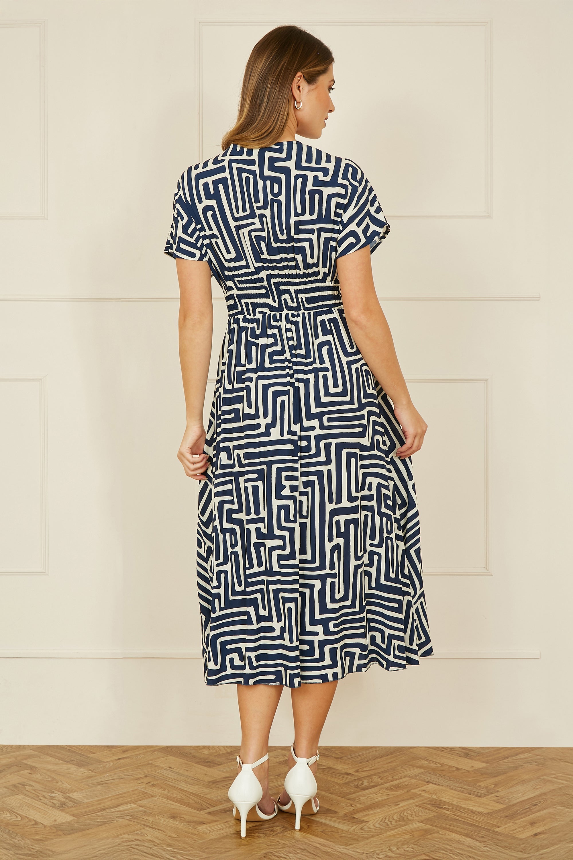 Yumi Navy Geometric Print Ruched Waist Midi Dress with Kimono Sleeves