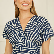 Yumi Navy Geometric Print Ruched Waist Midi Dress with Kimono Sleeves